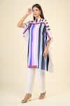 Samyukta Singhania_Multi Color Chelsea Georgette Print Stripe Boat Neck Asymmetric Short Kaftan _Online_at_Aza_Fashions