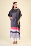 Samyukta Singhania_Black Soft Satin Silk Print Stripe Boat Neck Evening Slit Sleeve Kaftan _Online_at_Aza_Fashions