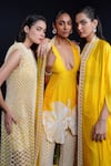 ASHUTOSH JOSHI_Yellow Raw Silk Hand Embroidered Flower Deep Prabha Kurta Cigarette Pant Set _Online_at_Aza_Fashions