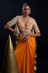 Buy_ASHUTOSH JOSHI_Orange Bemberg Satin Hand Embroidered Resham Aarya Blouse And Knot Skirt _at_Aza_Fashions