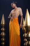 ASHUTOSH JOSHI_Orange Bemberg Satin Hand Embroidered Resham Aarya Blouse And Knot Skirt _Online_at_Aza_Fashions