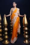 ASHUTOSH JOSHI_Orange Raw Silk Hand Embroidered Resham V-neck Pushti Saree Set _Online_at_Aza_Fashions