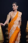 Buy_ASHUTOSH JOSHI_Orange Raw Silk Hand Embroidered Resham V-neck Pushti Saree Set 