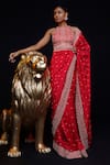 Shop_ASHUTOSH JOSHI_Red Raw Silk Hand Embroidered Resham Round Junoon Saree Set _at_Aza_Fashions