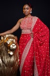 ASHUTOSH JOSHI_Red Raw Silk Hand Embroidered Resham Round Junoon Saree Set _at_Aza_Fashions