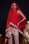 Buy_ASHUTOSH JOSHI_Red Raw Silk Hand Embroidered Flower Round Saeeen Kurta Cigarette Pant Set _Online_at_Aza_Fashions