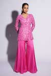 Buy_ASHUTOSH JOSHI_Pink Net Hand Embroidered Abstract V-neck Umi Sharara Set With Waist Belt _at_Aza_Fashions