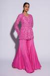 Buy_ASHUTOSH JOSHI_Pink Net Hand Embroidered Abstract V-neck Umi Sharara Set With Waist Belt _Online_at_Aza_Fashions