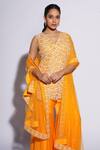 Buy_ASHUTOSH JOSHI_Orange Net Hand Embroidered Abstract Cutwork V-neck Sai Kurta Sharara Set 