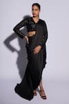 Buy_ASHUTOSH JOSHI_Black Net Hand Embroidered Dori V-neck Rayaaa Pre-draped Saree Set _at_Aza_Fashions