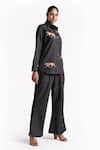 Elarra By Pratyancha_Black Denim Embroidered Tiger Collared Shirt With Pant _at_Aza_Fashions