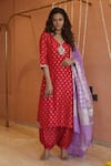 Shop_Izzumi Mehta_Red Chanderi Embroidery Zardosi V-neck Kurta And Pant Set _at_Aza_Fashions