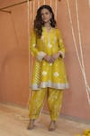 Buy_Izzumi Mehta_Yellow Chanderi Embroidery Zardosi Notched A-line Kurta With Pant _at_Aza_Fashions