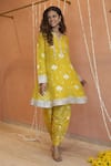 Shop_Izzumi Mehta_Yellow Chanderi Embroidery Zardosi Notched A-line Kurta With Pant _at_Aza_Fashions