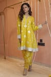 Izzumi Mehta_Yellow Chanderi Embroidery Zardosi Notched A-line Kurta With Pant _Online_at_Aza_Fashions