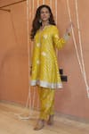 Buy_Izzumi Mehta_Yellow Chanderi Embroidery Zardosi Notched A-line Kurta With Pant _Online_at_Aza_Fashions