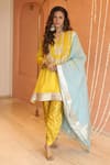 Buy_Izzumi Mehta_Yellow Kurta Modal Silk Embroidery Zardosi Notched Asymmetric And Pant Set _at_Aza_Fashions