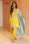 Shop_Izzumi Mehta_Yellow Kurta Modal Silk Embroidery Zardosi Notched Asymmetric And Pant Set _at_Aza_Fashions