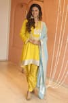 Buy_Izzumi Mehta_Yellow Kurta Modal Silk Embroidery Zardosi Notched Asymmetric And Pant Set _Online_at_Aza_Fashions