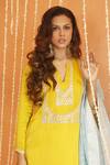 Izzumi Mehta_Yellow Kurta Modal Silk Embroidery Zardosi Notched Asymmetric And Pant Set _at_Aza_Fashions