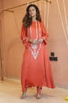 Shop_Izzumi Mehta_Orange Kurta Modal Silk Embroidery Zardosi Round Asymmetric With Pant _at_Aza_Fashions