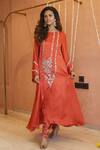 Izzumi Mehta_Orange Kurta Modal Silk Embroidery Zardosi Round Asymmetric With Pant _Online_at_Aza_Fashions