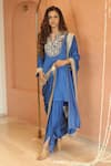 Buy_Izzumi Mehta_Blue Modal Silk Embroidery Zardosi Notched Kurta And Dhoti Pant Set _at_Aza_Fashions