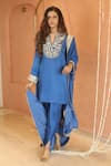 Shop_Izzumi Mehta_Blue Modal Silk Embroidery Zardosi Notched Kurta And Dhoti Pant Set _at_Aza_Fashions