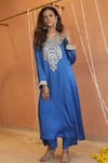 Buy_Izzumi Mehta_Blue Modal Silk Embroidery Gota Zardosi Asymmetric A-line Kurta With Pant _at_Aza_Fashions