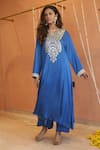 Shop_Izzumi Mehta_Blue Modal Silk Embroidery Gota Zardosi Asymmetric A-line Kurta With Pant _at_Aza_Fashions