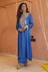 Izzumi Mehta_Blue Modal Silk Embroidery Gota Zardosi Asymmetric A-line Kurta With Pant _Online_at_Aza_Fashions