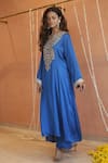 Izzumi Mehta_Blue Modal Silk Embroidery Gota Zardosi Asymmetric A-line Kurta With Pant _at_Aza_Fashions