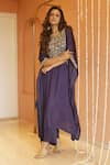 Izzumi Mehta_Purple Modal Silk Embroidery Gota Round Yoke Kaftan With Pant _at_Aza_Fashions