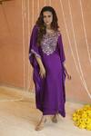 Shop_Izzumi Mehta_Purple Modal Silk Embroidery Gota Round Floral Yoke Kaftan With Pant _at_Aza_Fashions