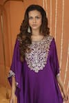 Izzumi Mehta_Purple Modal Silk Embroidery Gota Round Floral Yoke Kaftan With Pant _Online_at_Aza_Fashions