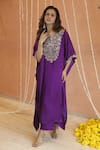 Izzumi Mehta_Purple Modal Silk Embroidery Gota Round Floral Yoke Kaftan With Pant _at_Aza_Fashions