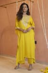 Buy_Izzumi Mehta_Yellow Modal Silk Embroidery Gota Round Floral Asymmetric Kaftan With Pant _at_Aza_Fashions