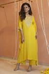 Shop_Izzumi Mehta_Yellow Modal Silk Embroidery Gota Round Floral Asymmetric Kaftan With Pant _Online_at_Aza_Fashions