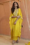 Izzumi Mehta_Yellow Modal Silk Embroidery Gota Round Floral Asymmetric Kaftan With Pant _at_Aza_Fashions