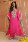 Buy_Izzumi Mehta_Pink Modal Silk Embroidery Gota Round Asymmetric Kaftan With Pant _at_Aza_Fashions