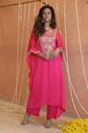 Shop_Izzumi Mehta_Pink Modal Silk Embroidery Gota Round Asymmetric Kaftan With Pant _at_Aza_Fashions