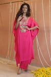 Shop_Izzumi Mehta_Pink Modal Silk Embroidery Gota Round Asymmetric Kaftan With Pant _Online_at_Aza_Fashions