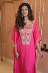 Buy_Izzumi Mehta_Pink Modal Silk Embroidery Gota Round Asymmetric Kaftan With Pant 