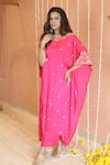 Buy_Izzumi Mehta_Pink Modal Silk Embroidery Sequins Round Gota Yoke Asymmetric Kaftan With Pant _at_Aza_Fashions