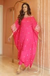 Shop_Izzumi Mehta_Pink Modal Silk Embroidery Sequins Round Gota Yoke Asymmetric Kaftan With Pant _at_Aza_Fashions