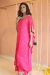 Izzumi Mehta_Pink Modal Silk Embroidery Sequins Round Gota Yoke Asymmetric Kaftan With Pant _Online_at_Aza_Fashions