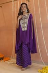 Shop_Izzumi Mehta_Purple Cape Modal Silk Embroidery Zardosi Round Asymmetric With Flared Pant _at_Aza_Fashions