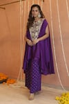 Izzumi Mehta_Purple Cape Modal Silk Embroidery Zardosi Round Asymmetric With Flared Pant _Online_at_Aza_Fashions