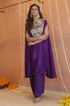 Izzumi Mehta_Purple Cape Modal Silk Embroidery Zardosi Round Asymmetric With Flared Pant _at_Aza_Fashions