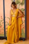 Buy_Izzumi Mehta_Yellow Blouse Organza Embroidery Zardosi V-neck Yoke With Pre-draped Saree _at_Aza_Fashions